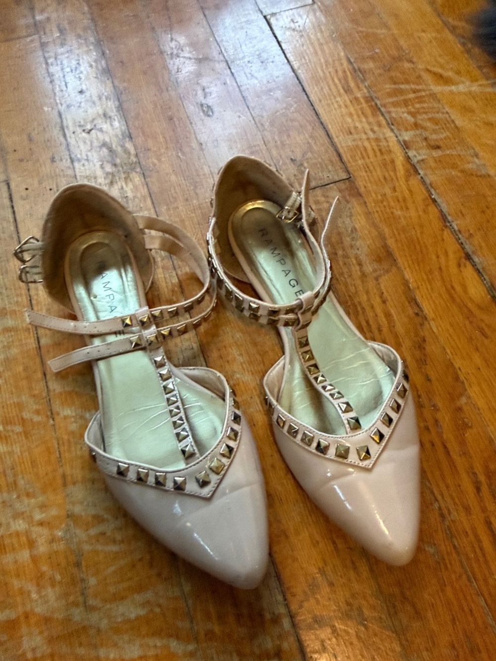 Rampage Blush Studded Pointed-Toe Ankle-Strap Flats